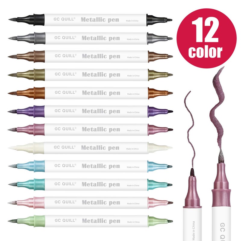GC QUILL 12 Colors Metallic Marker Pens - Dual Tip Brush and Fine Point Pens for DIY Album, Black Cards, Scrapbooking, Craft Supplies, on Ceramic, Stone, Glass, Fabric GC-MP12 - Image 2